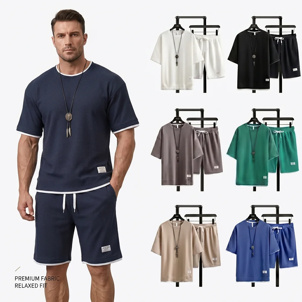 Streetwear Brand Shorts - Sommer Herren Waffelstrick Trainingsanzug Übergroßes Kurzarm-T-Shirt