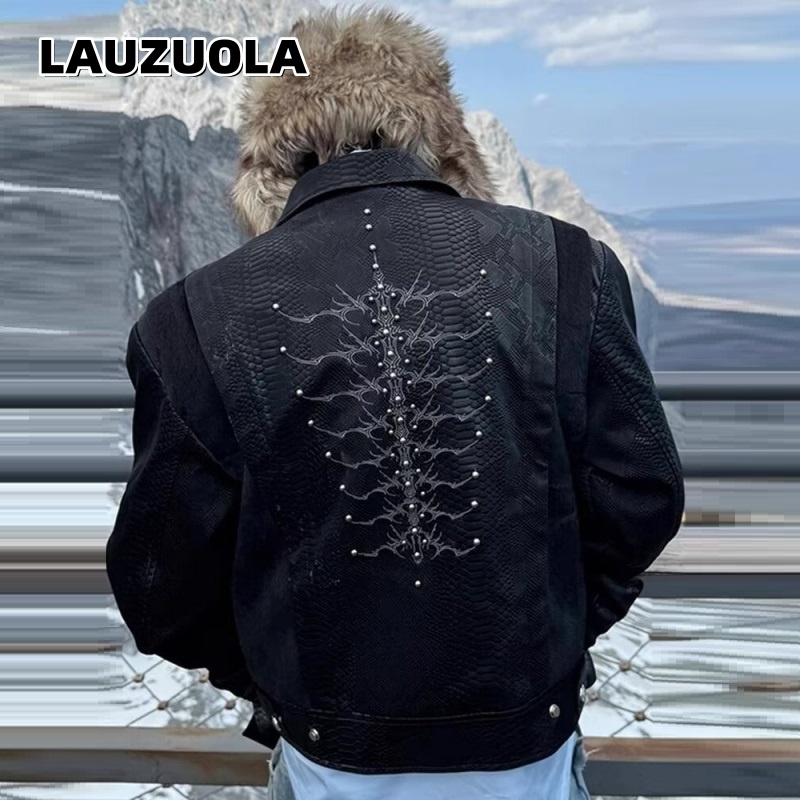 Streetwear Zipper - Herren Schwarze Jacke mit Schlangenprägung, Rückenstickerei