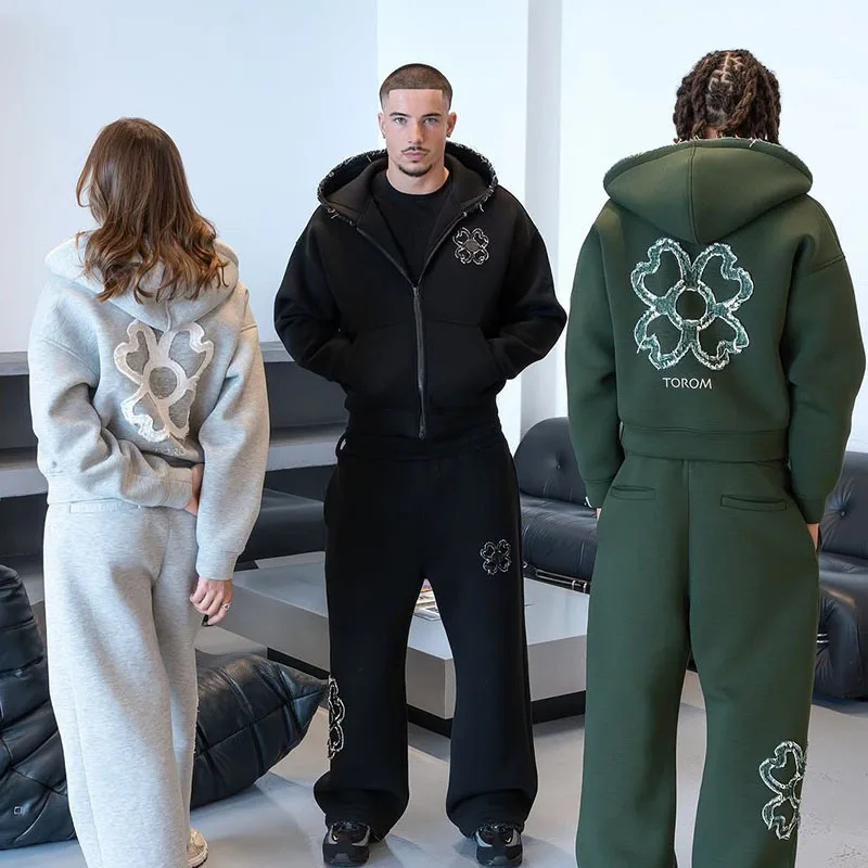 Streetwear Brand Y2K - Frühling Herbst Übergroßes 4-Blatt-Kleeblatt Applikation Zip-Up