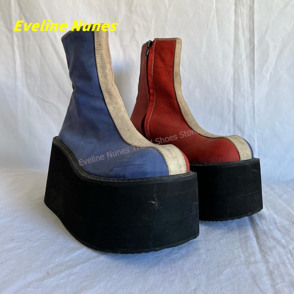 Streetwear Zipper - Y2K Rot-Blaue Plateau-Stiefeletten mit Rundzehe und