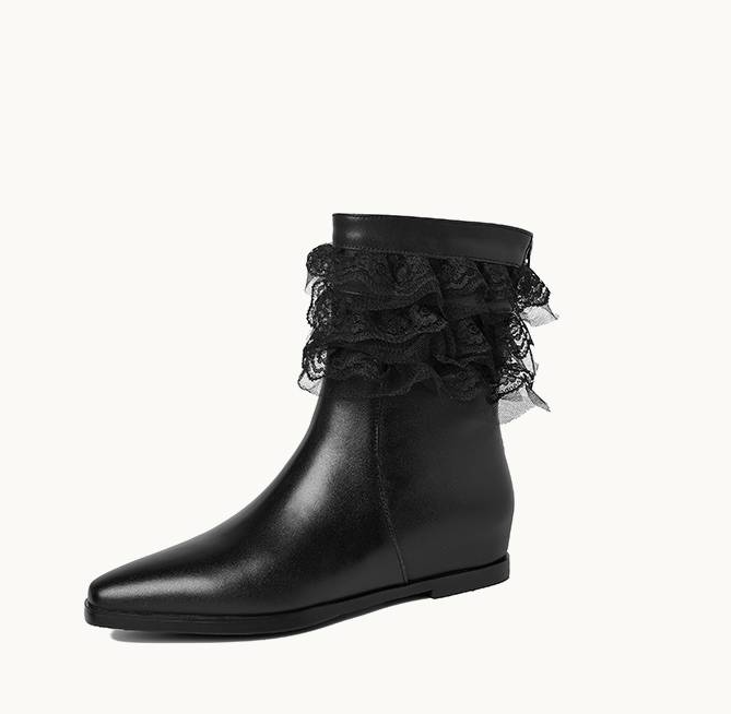 Streetwear Zipper - 2026 Damen-Schuhe Echtleder-Stiefeletten Elegante Spitzenrüschen-Stiefeletten mit