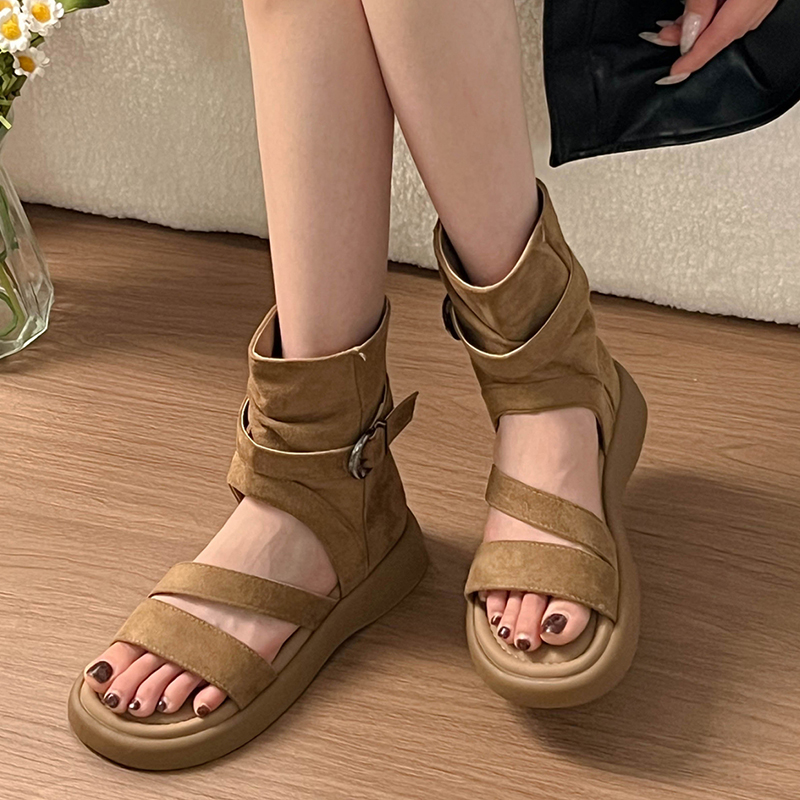 Streetwear Zipper - Damen Open-Toe Schnallen-Stiefeletten mit Chunky-Sohle, Wildleder,
