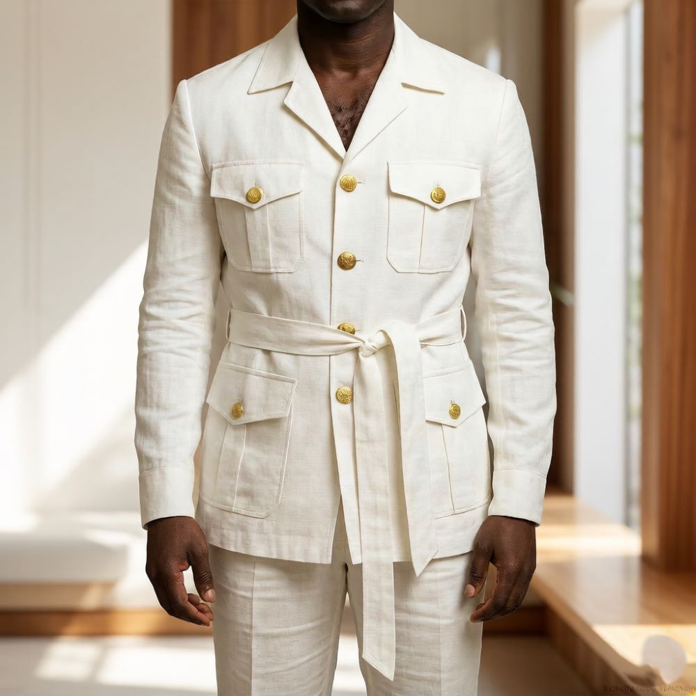Off White Belt - Herren Off-White Leinen Safari-Anzüge 2-teilig mit