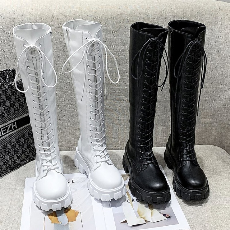 Streetwear Zipper - Damen-Kniehohe Stiefel mit Schnürung, Combat-Booties, Plateau-Sohle,